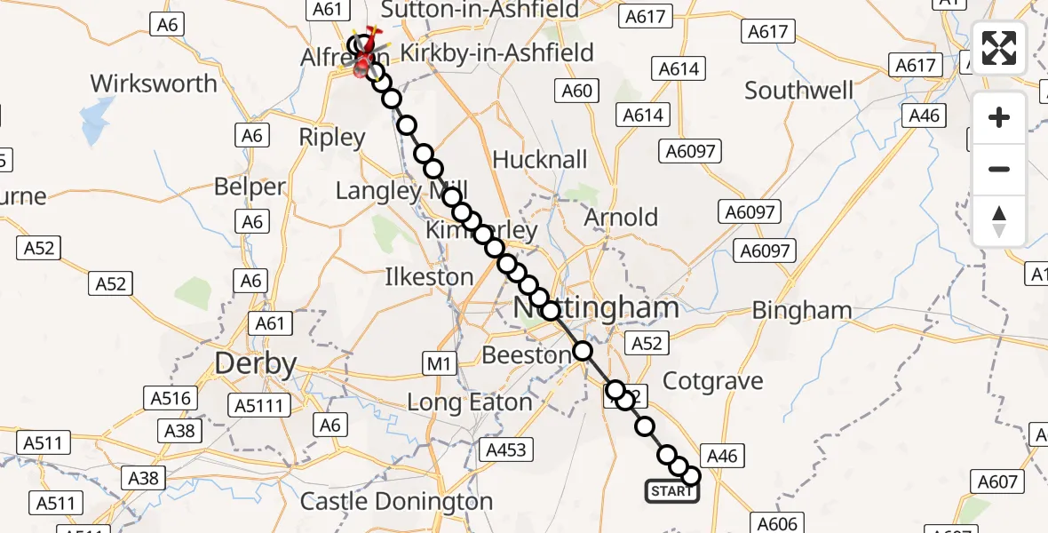 Flight route Air Ambulance Helicopter Wysall - Bolsover, 08 June 2026, 08:46