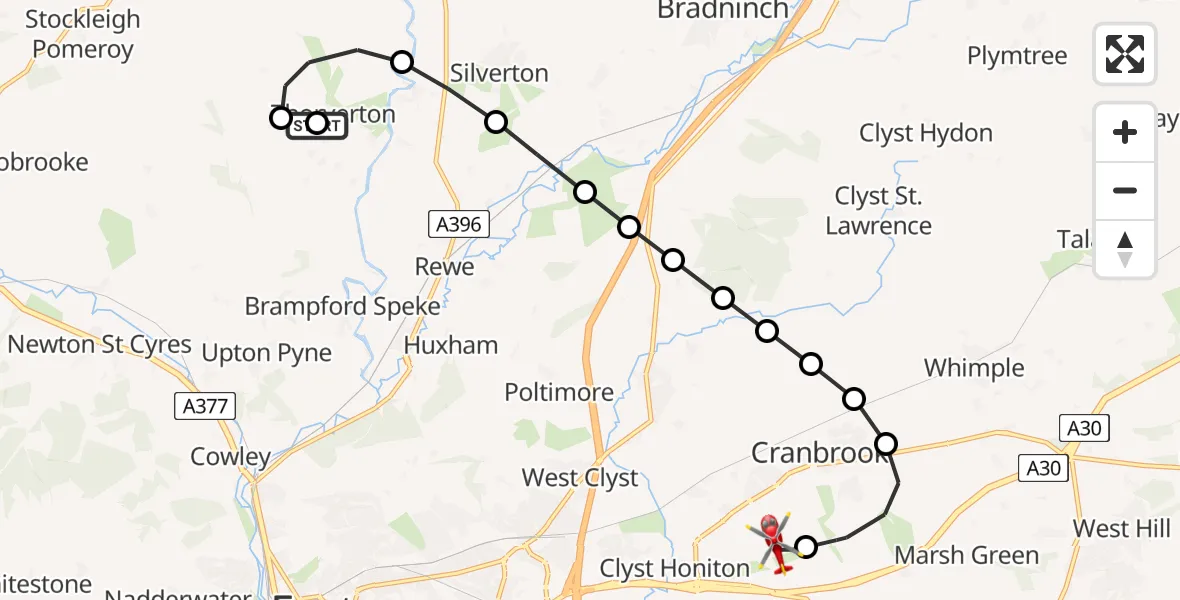 Flight route Air Ambulance Helicopter Thorverton - Exeter International Airport, 08 June 2026, 08:47