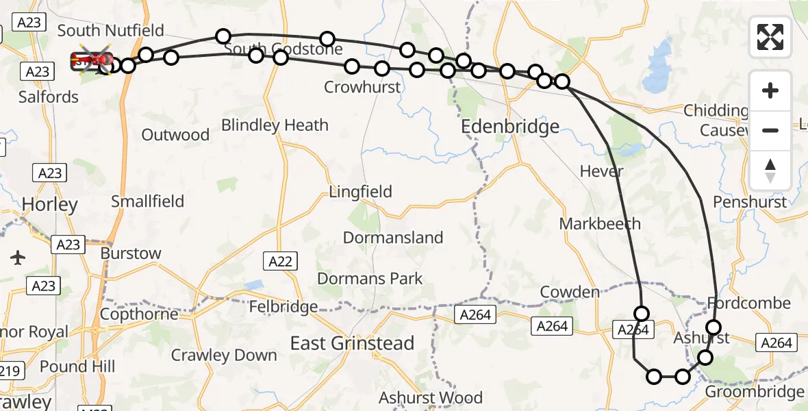 Flight route Air Ambulance Helicopter Redhill Aerodrome - Redhill Aerodrome, 08 June 2026, 08:58