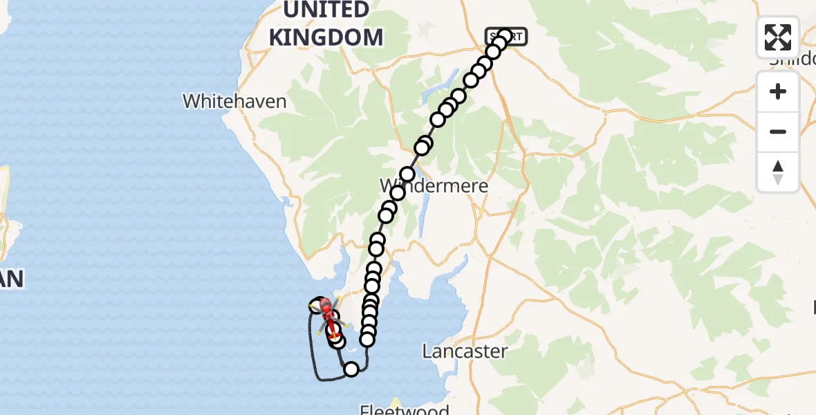 Flight route Air Ambulance Helicopter Langwathby - Barrow-in-Furness, 08 June 2026, 09:17