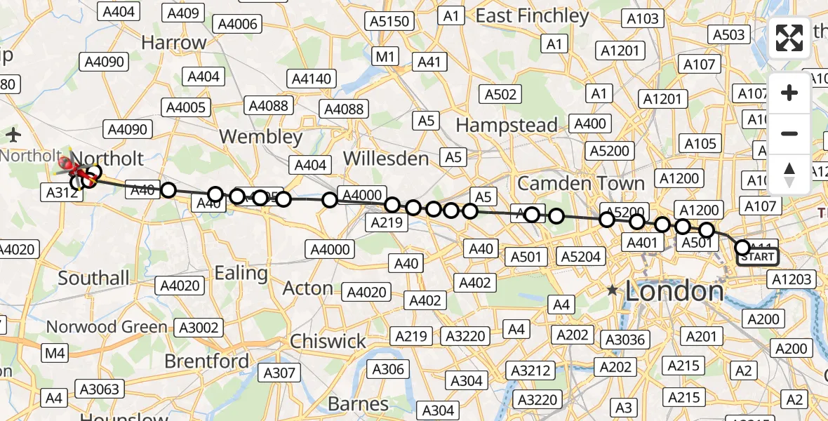Flight route Air Ambulance Helicopter Royal London Hospital - Ealing, 08 June 2026, 09:29