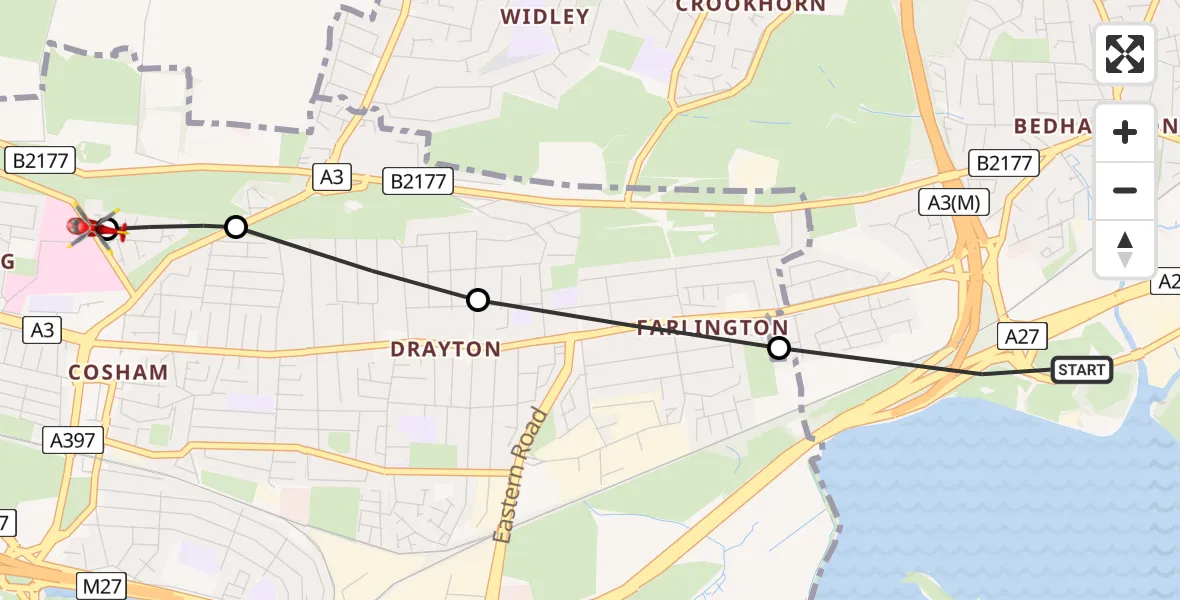 Flight route Air Ambulance Helicopter Havant - Queen Alexandra Hospital, 08 June 2026, 09:32