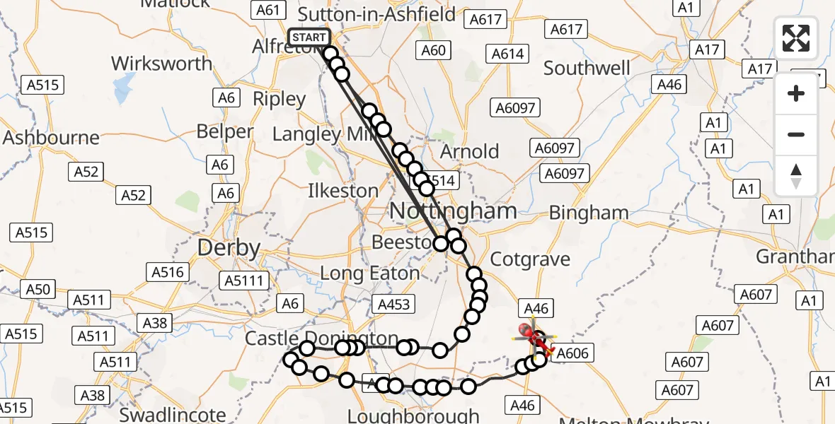 Flight route Air Ambulance Helicopter Bolsover - Nottingham Heliport, 08 June 2026, 09:43