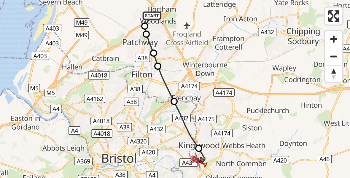 Flight route Air Ambulance Helicopter Almondsbury Helicopter Base - Bristol, 08 June 2026, 09:44
