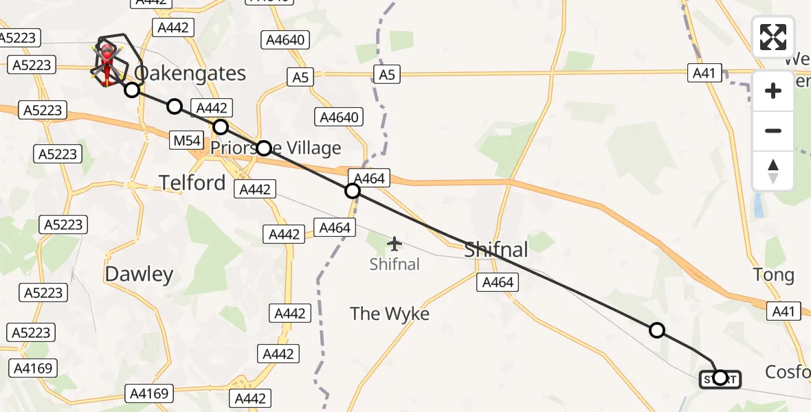 Flight route Air Ambulance Helicopter RAF Cosford - Telford, 08 June 2026, 10:05
