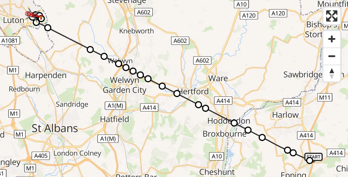 Flight route Air Ambulance Helicopter North Weald Airfield - Luton, 08 June 2026, 10:18