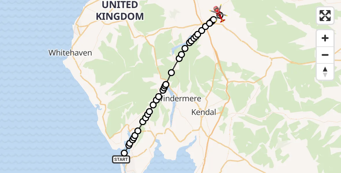 Flight route Air Ambulance Helicopter Askam and Ireleth - Langwathby, 08 June 2026, 10:21