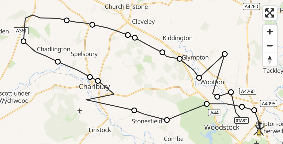 Flight route Police Helicopter Woodstock - Shipton-on-Cherwell, 08 June 2026, 10:22