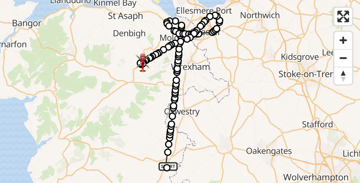 Flight route Air Ambulance Helicopter Welshpool Airport - Nantclwyd Airstrip, 08 June 2026, 10:22