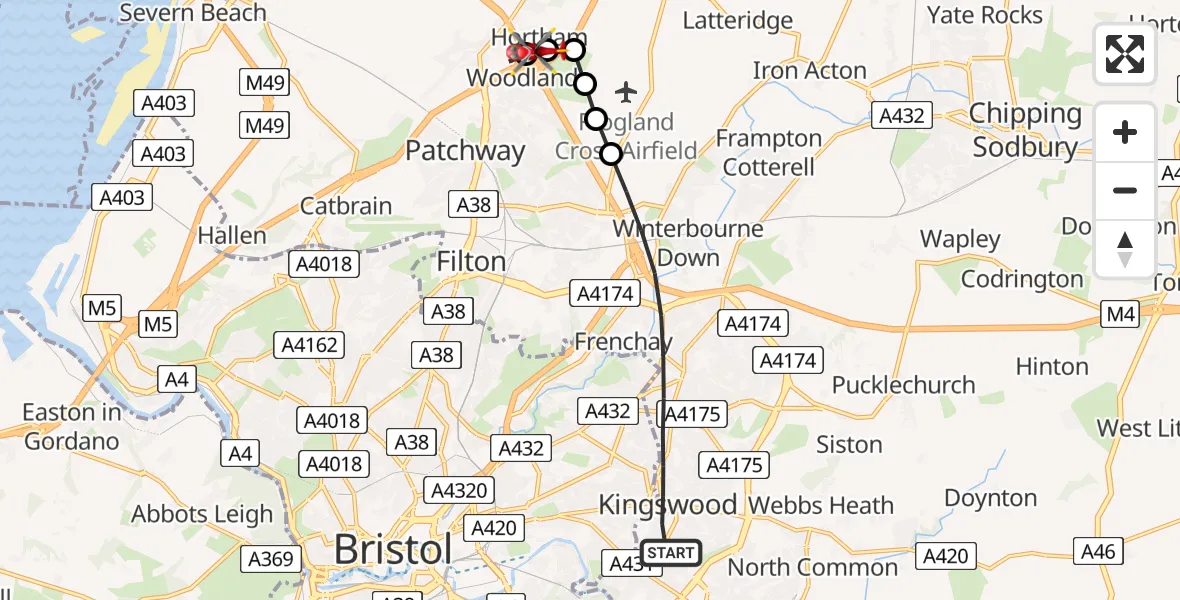 Flight route Air Ambulance Helicopter Bristol - Bradley Stoke, 08 June 2026, 10:28