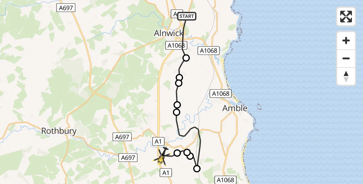 Flight route Police Helicopter Denwick - Eshott Airfield, 08 June 2026, 10:38