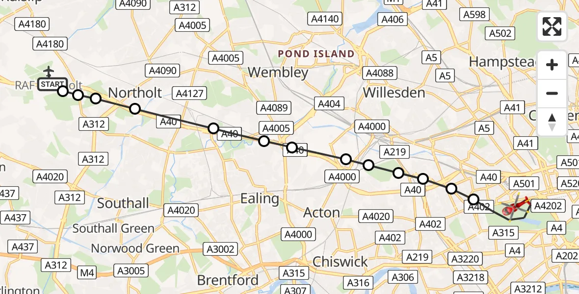 Flight route Air Ambulance Helicopter RAF Northolt - City of Westminster, 08 June 2026, 10:46