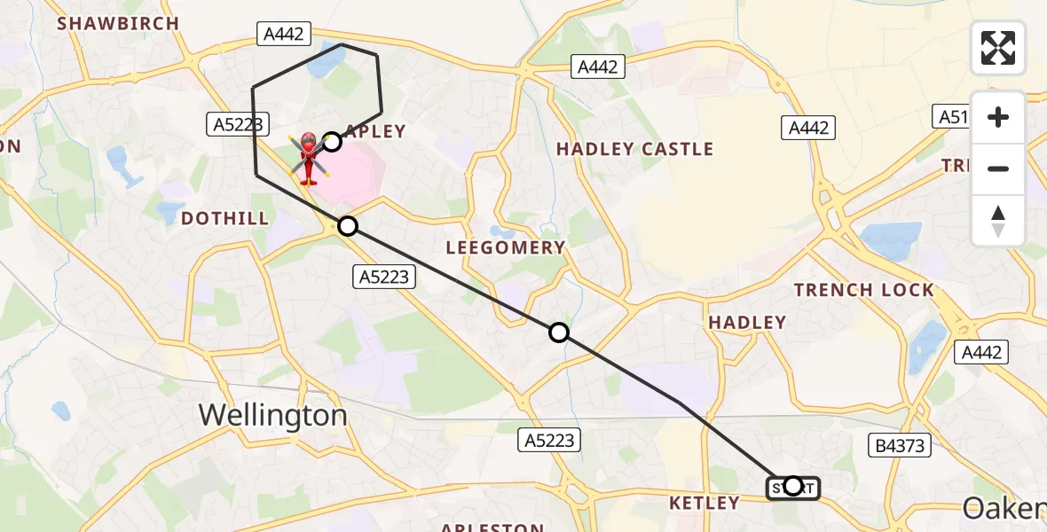 Flight route Air Ambulance Helicopter Telford - Princess Royal Telford Hospital, 08 June 2026, 10:48