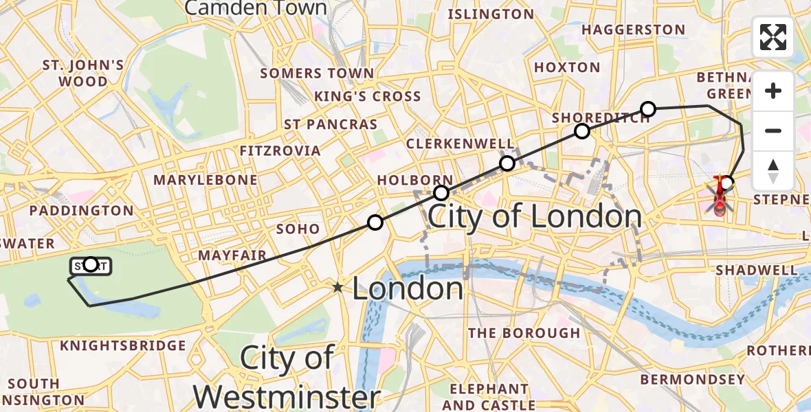 Flight route Air Ambulance Helicopter City of Westminster - Royal London Hospital, 08 June 2026, 11:00