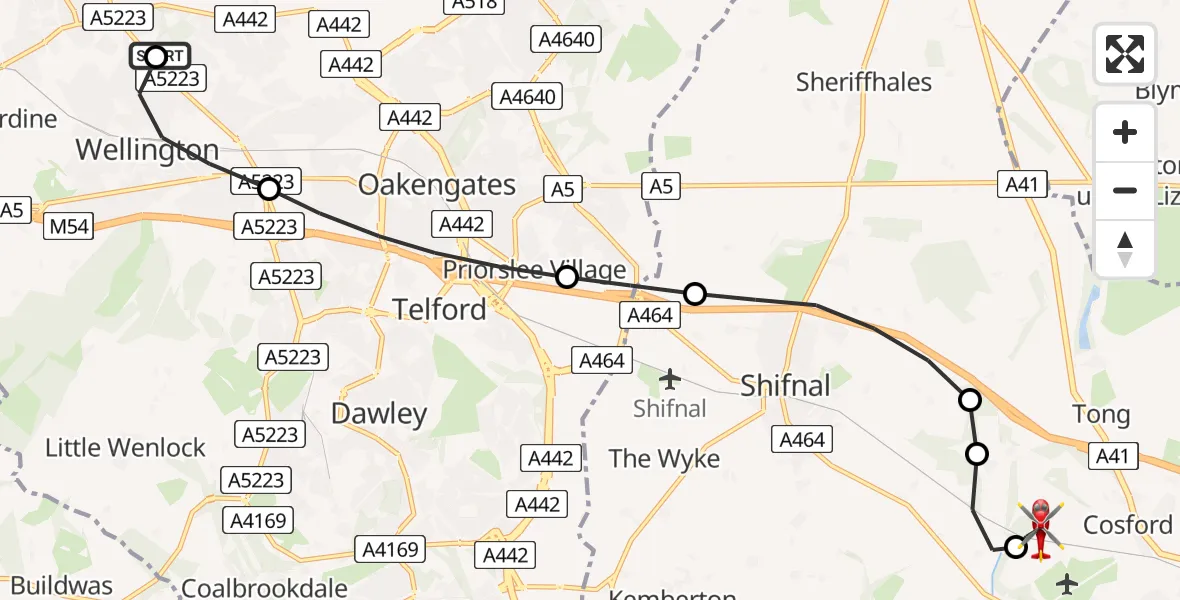 Flight route Air Ambulance Helicopter Princess Royal Telford Hospital - Cosford, 08 June 2026, 11:12