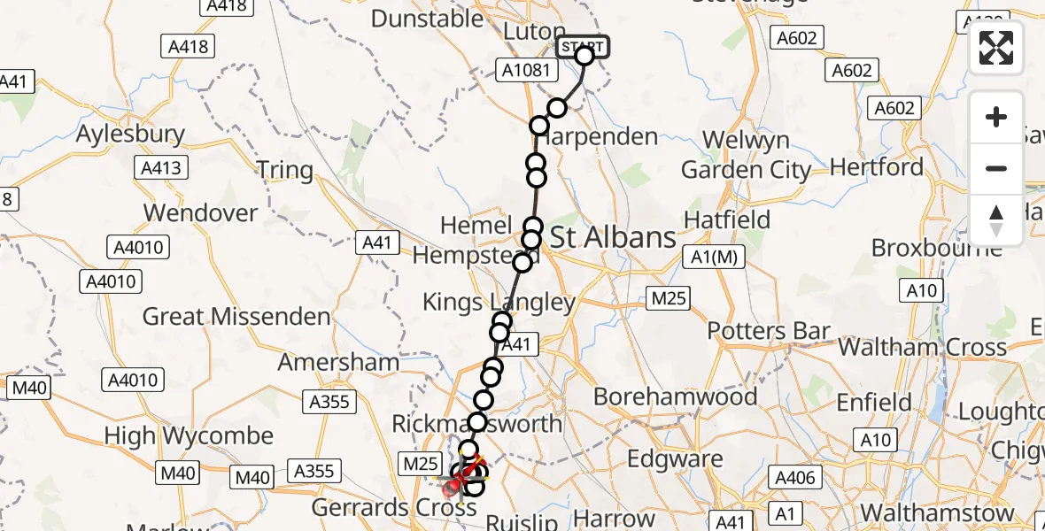 Flight route Air Ambulance Helicopter London Luton Airport - Harefield Hospital, 08 June 2026, 11:15