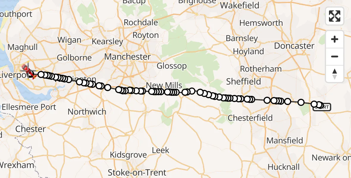 Flight route Air Ambulance Helicopter Retford Gamston Airport - Knotty Ash, 08 June 2026, 11:19