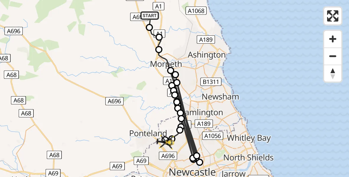 Flight route Police Helicopter Longhorsley - Newcastle International Airport, 08 June 2026, 11:58
