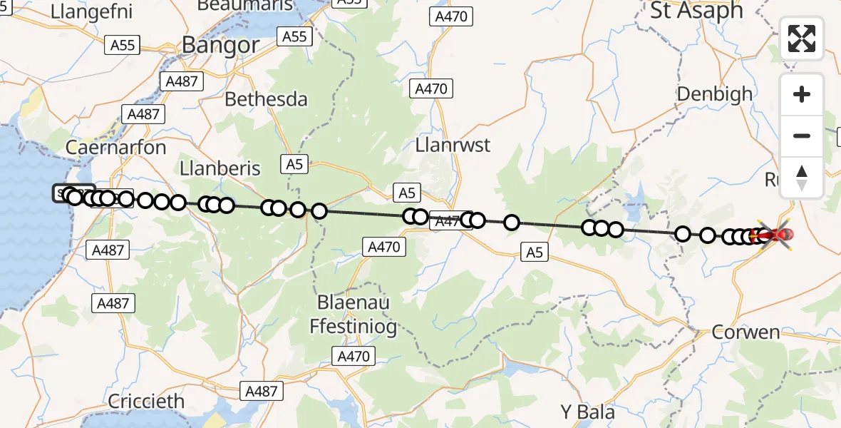 Flight route Air Ambulance Helicopter Caernarfon Airport - Llanelidan, 08 June 2026, 12:05