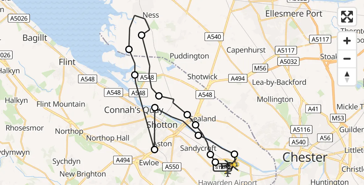 Flight route Police Helicopter Hawarden Airport - Hawarden Airport, 08 June 2026, 12:10