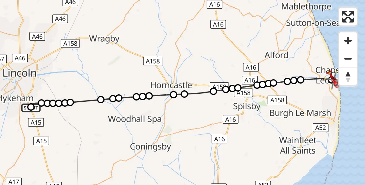 Flight route Air Ambulance Helicopter RAF Waddington - Chapel St Leonards, 08 June 2026, 12:11