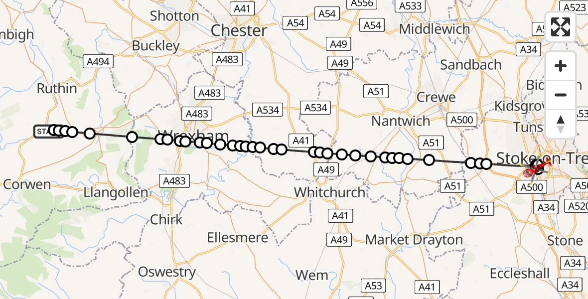 Flight route Air Ambulance Helicopter Llanelidan - University Hospital North Staffs, 08 June 2026, 12:32
