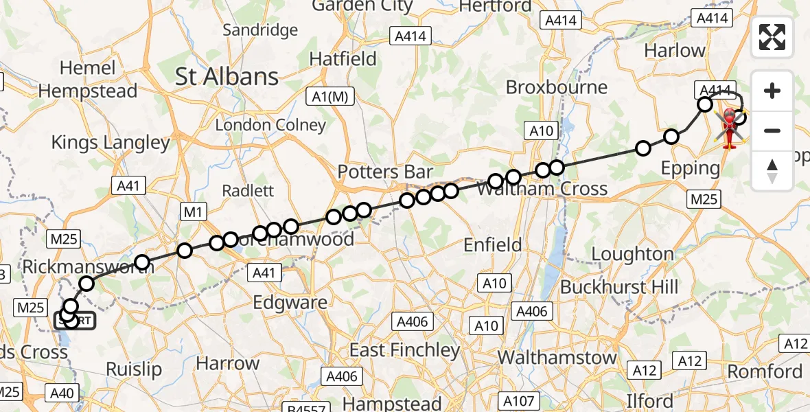 Flight route Air Ambulance Helicopter Harefield Hospital - North Weald Airfield, 08 June 2026, 12:37