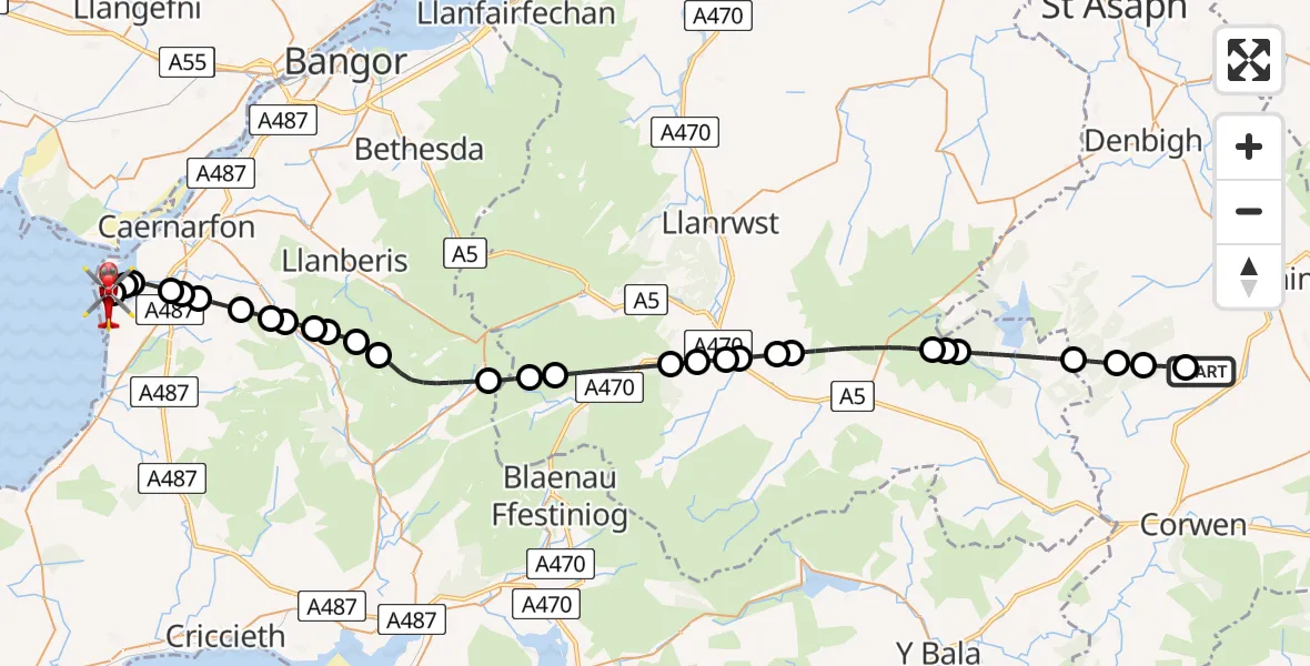 Flight route Air Ambulance Helicopter Clawddnewydd - Caernarfon Airport, 08 June 2026, 12:43