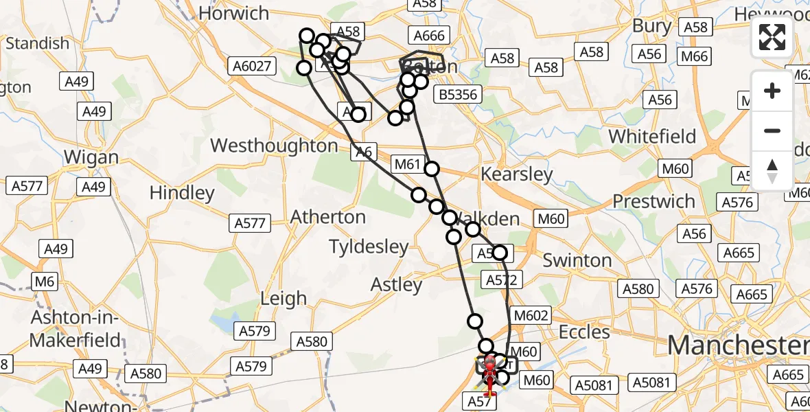 Flight route Air Ambulance Helicopter Manchester Barton Aerodrome - Irlam, 08 June 2026, 12:44
