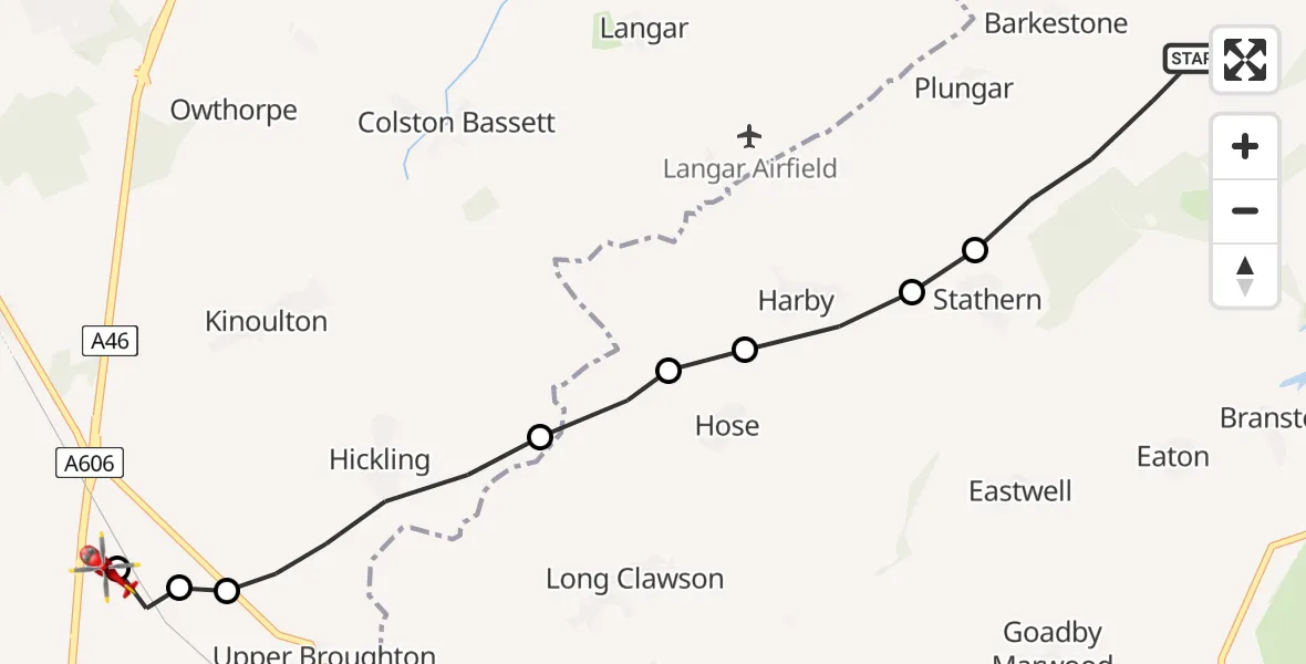 Flight route Air Ambulance Helicopter Redmile - Nottingham Heliport, 08 June 2026, 13:03