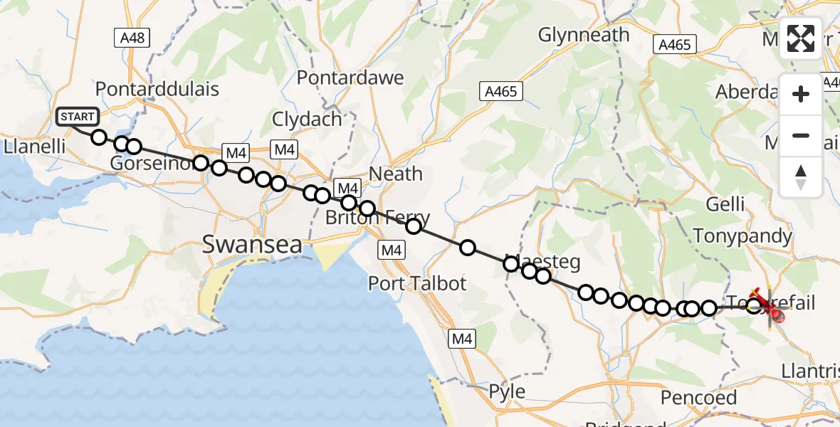 Flight route Air Ambulance Helicopter Dafen - Tonyrefail, 08 June 2026, 13:20