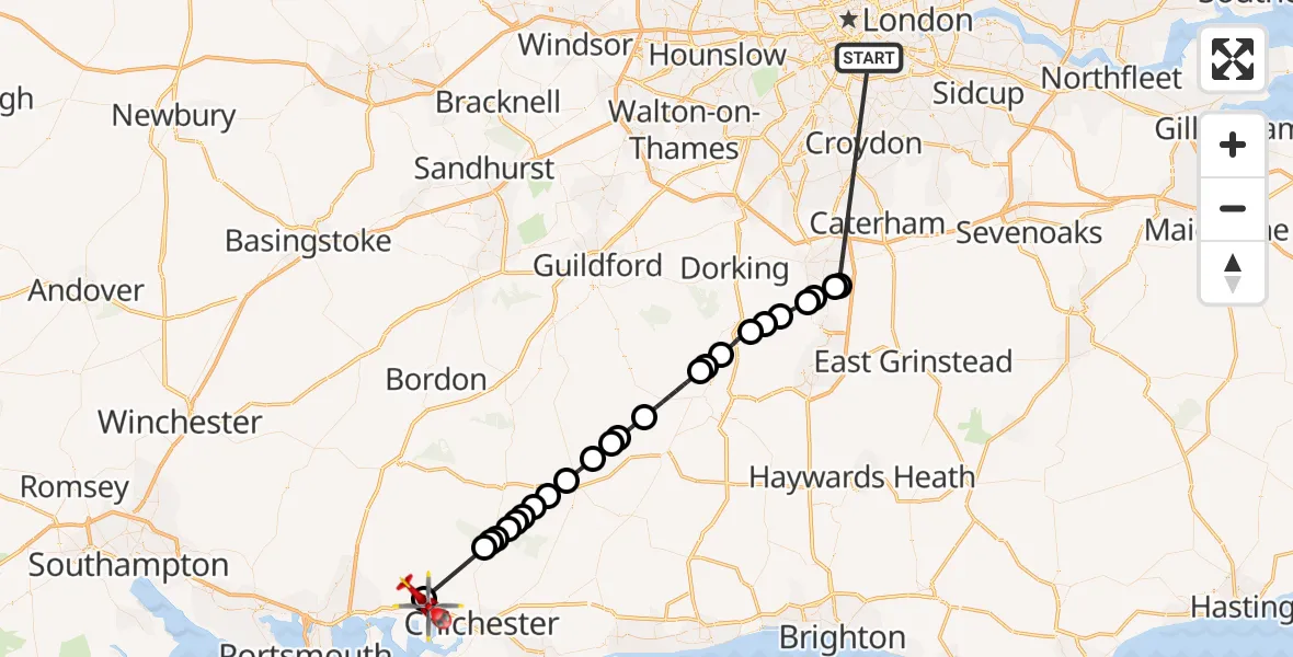 Flight route Air Ambulance Helicopter Kings College London Hospital - Funtington, 08 June 2026, 13:25