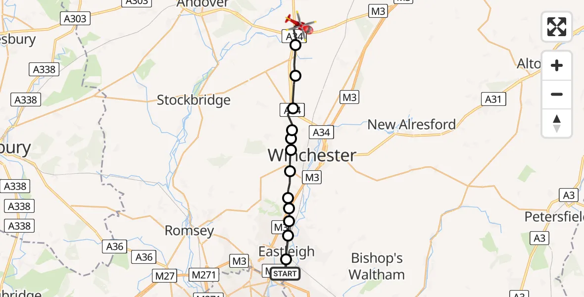 Flight route Air Ambulance Helicopter Southampton Airport - Test Valley, 08 June 2026, 13:26