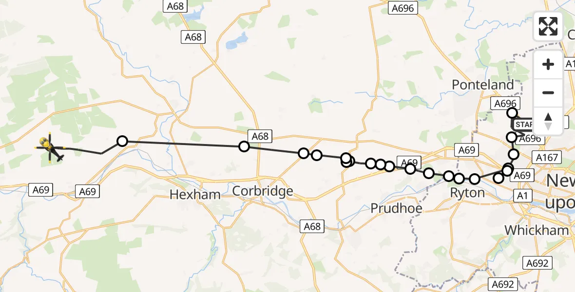 Flight route Police Helicopter Woolsington - Newbrough, 08 June 2026, 13:30