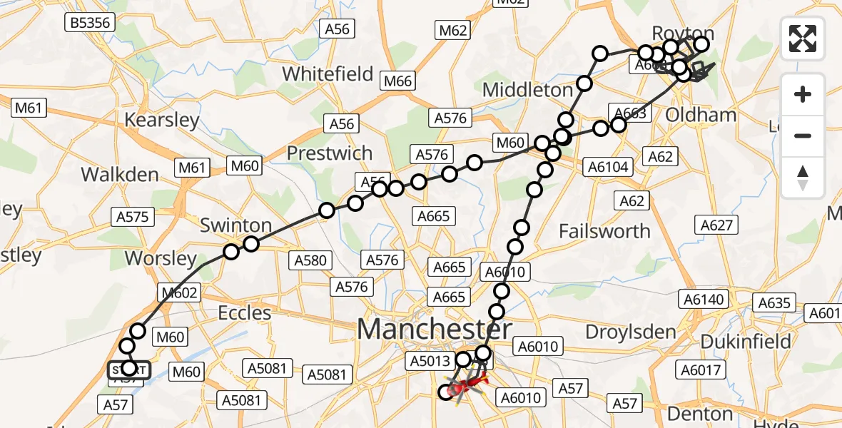 Flight route Air Ambulance Helicopter Manchester Barton Aerodrome - Chorlton-on-Medlock, 08 June 2026, 13:32