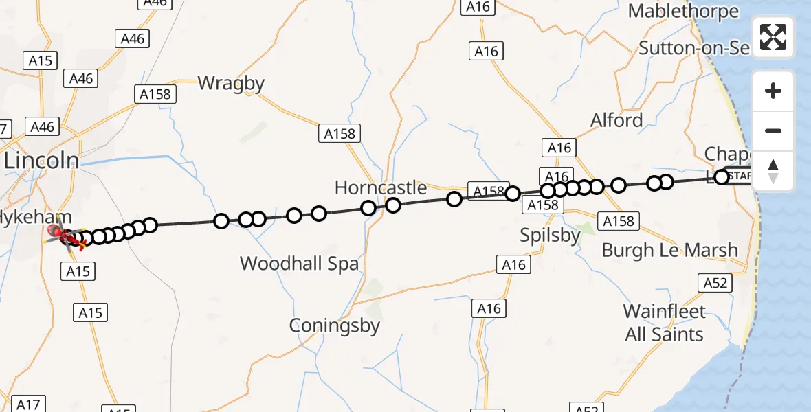 Flight route Air Ambulance Helicopter Chapel St Leonards - North Kesteven, 08 June 2026, 13:45