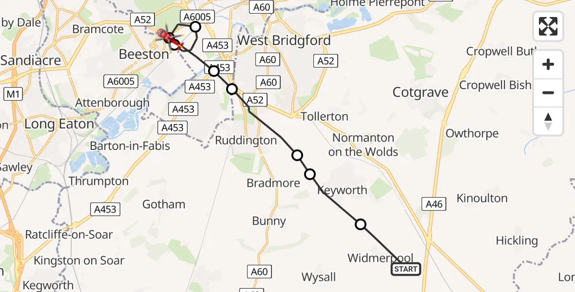 Flight route Air Ambulance Helicopter Widmerpool - Beeston, 08 June 2026, 13:45