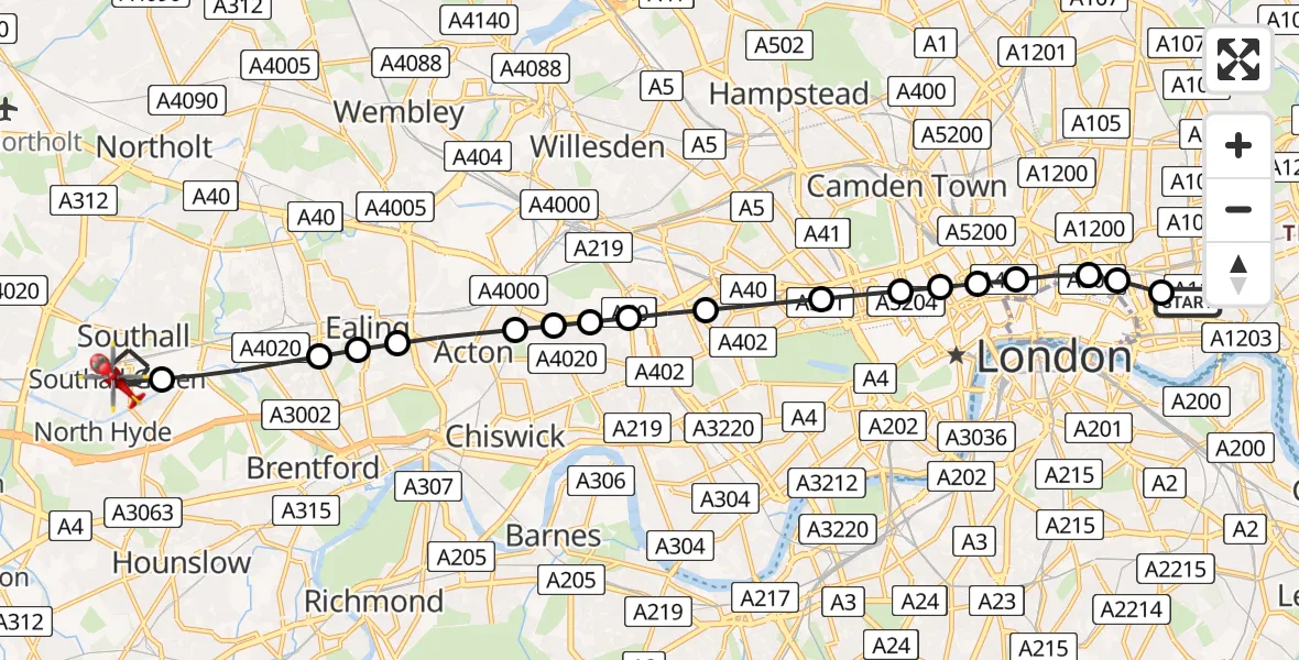Flight route Air Ambulance Helicopter Royal London Hospital - Ealing, 08 June 2026, 13:49