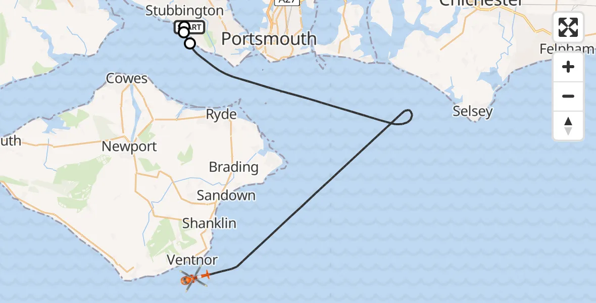 Flight route Coastguard Helicopter Solent Airport - English Channel, 08 June 2026, 14:09