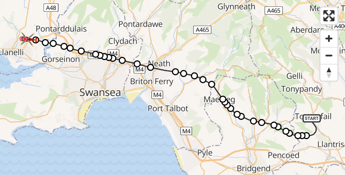Flight route Air Ambulance Helicopter Tonyrefail - Dafen, 08 June 2026, 14:21