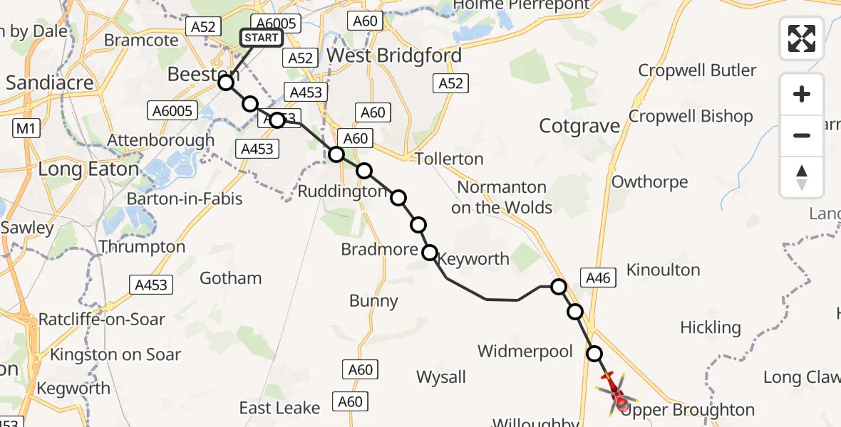 Flight route Air Ambulance Helicopter City of Nottingham - Rushcliffe, 08 June 2026, 14:25