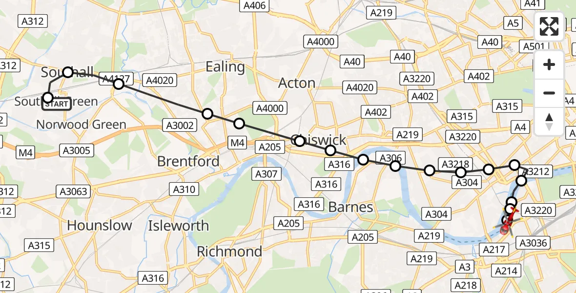 Flight route Air Ambulance Helicopter St Anselm's Catholic Primary School - London Heliport, 08 June 2026, 14:30