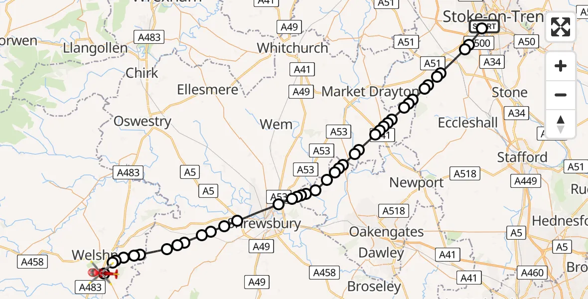 Flight route Air Ambulance Helicopter University Hospital North Staffs - Welshpool Airport, 08 June 2026, 14:31