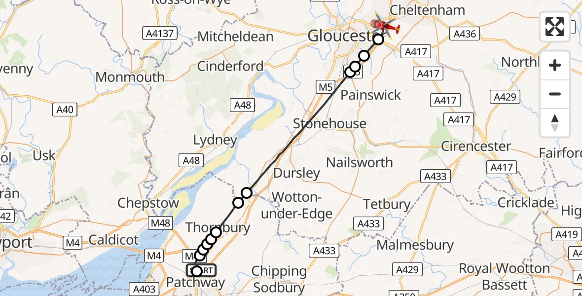 Flight route Air Ambulance Helicopter Almondsbury Helicopter Base - Tewkesbury, 08 June 2026, 14:40