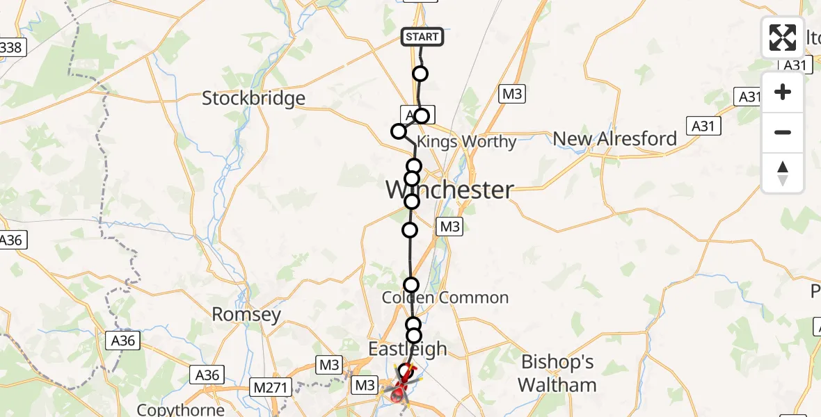 Flight route Air Ambulance Helicopter Sutton Scotney - Southampton Airport, 08 June 2026, 14:42