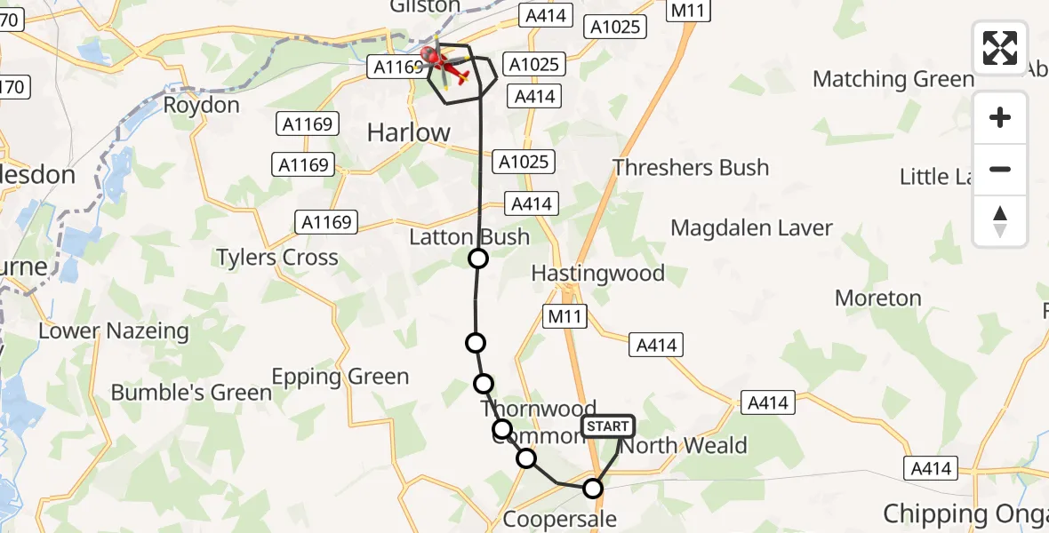 Flight route Air Ambulance Helicopter North Weald Airfield - Harlow, 08 June 2026, 14:43
