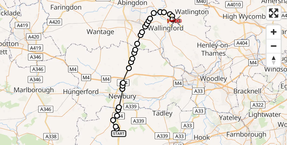 Flight route Air Ambulance Helicopter Basingstoke and Deane - RAF Benson, 08 June 2026, 14:43