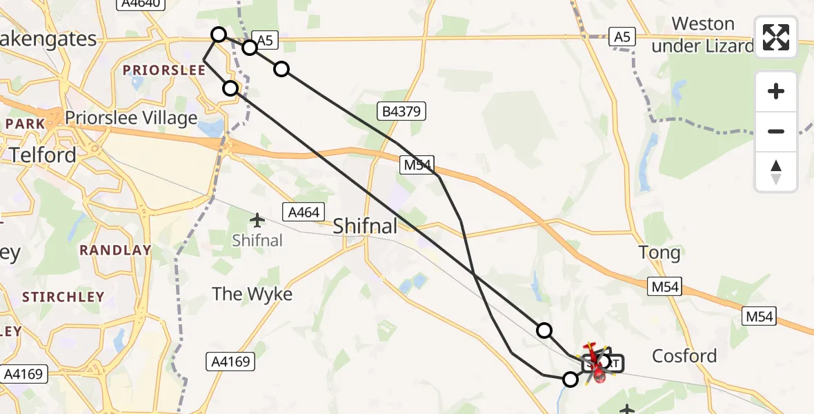 Flight route Air Ambulance Helicopter RAF Cosford - Cosford, 08 June 2026, 14:52