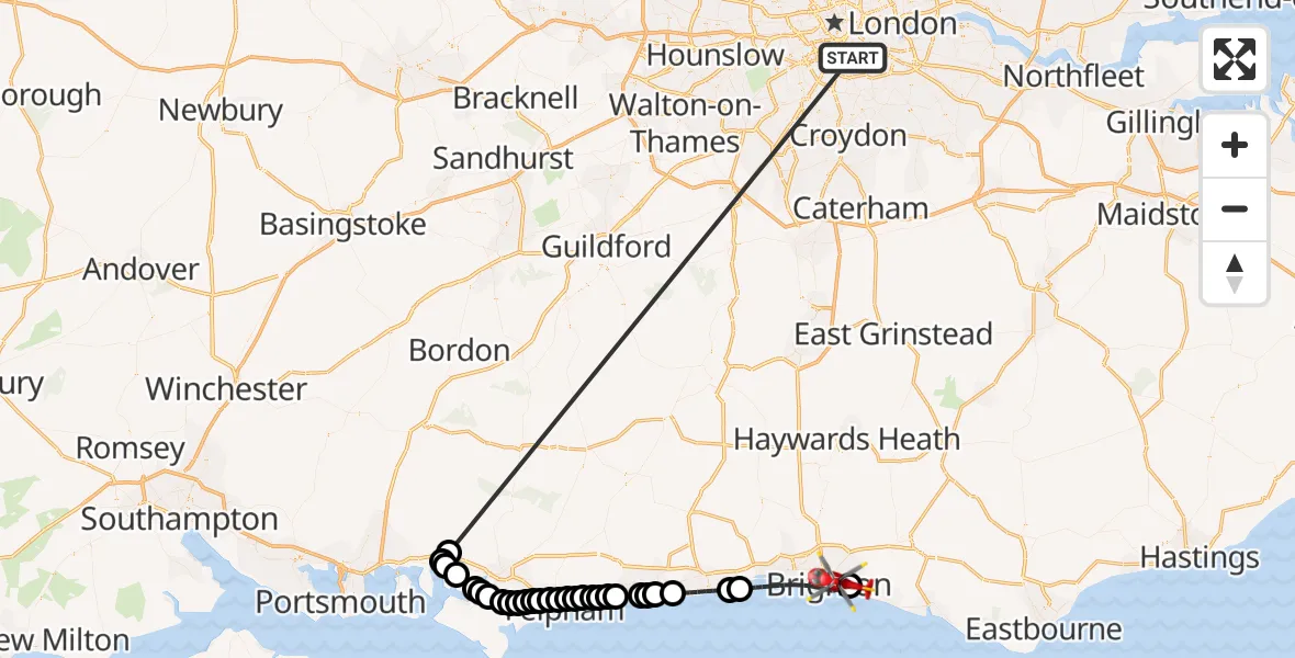 Flight route Air Ambulance Helicopter Kings College London Hospital - Brighton, 08 June 2026, 14:52