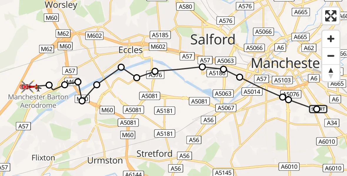 Flight route Air Ambulance Helicopter Ardwick - Manchester Barton Aerodrome, 08 June 2026, 15:03